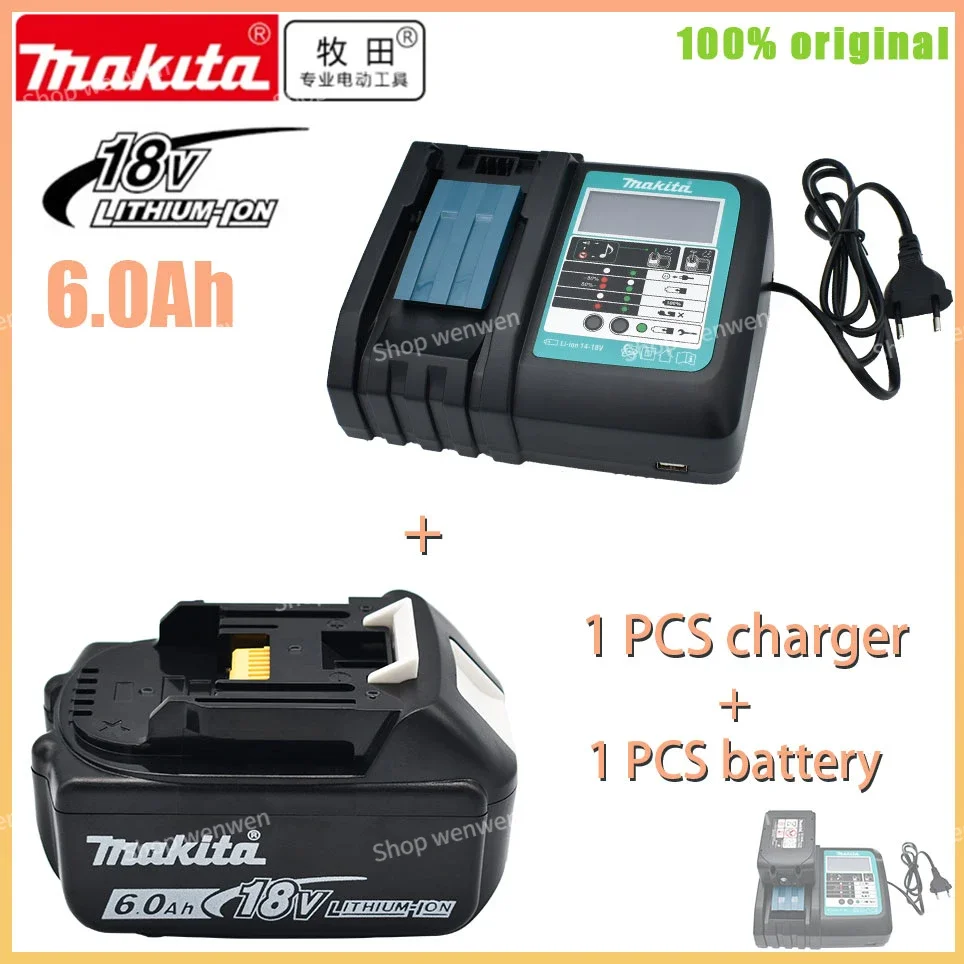 

100% Original Makita 18V 6.0Ah Rechargeable Power Tool Battery With LED Lithium Ion Replacement LXT 400 BL1860 BL1850+Charger