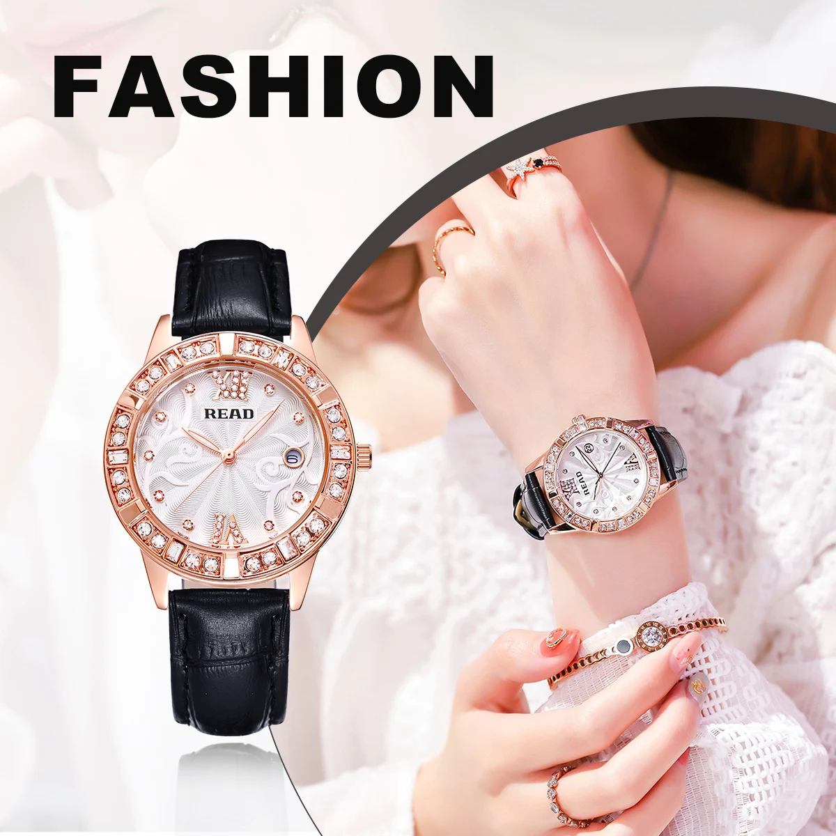 READ Women Analog Quartz Wrist Watch | Date Display | Black Leather Strap | Daily Water Resistant Elegant Ladies Dress Watch