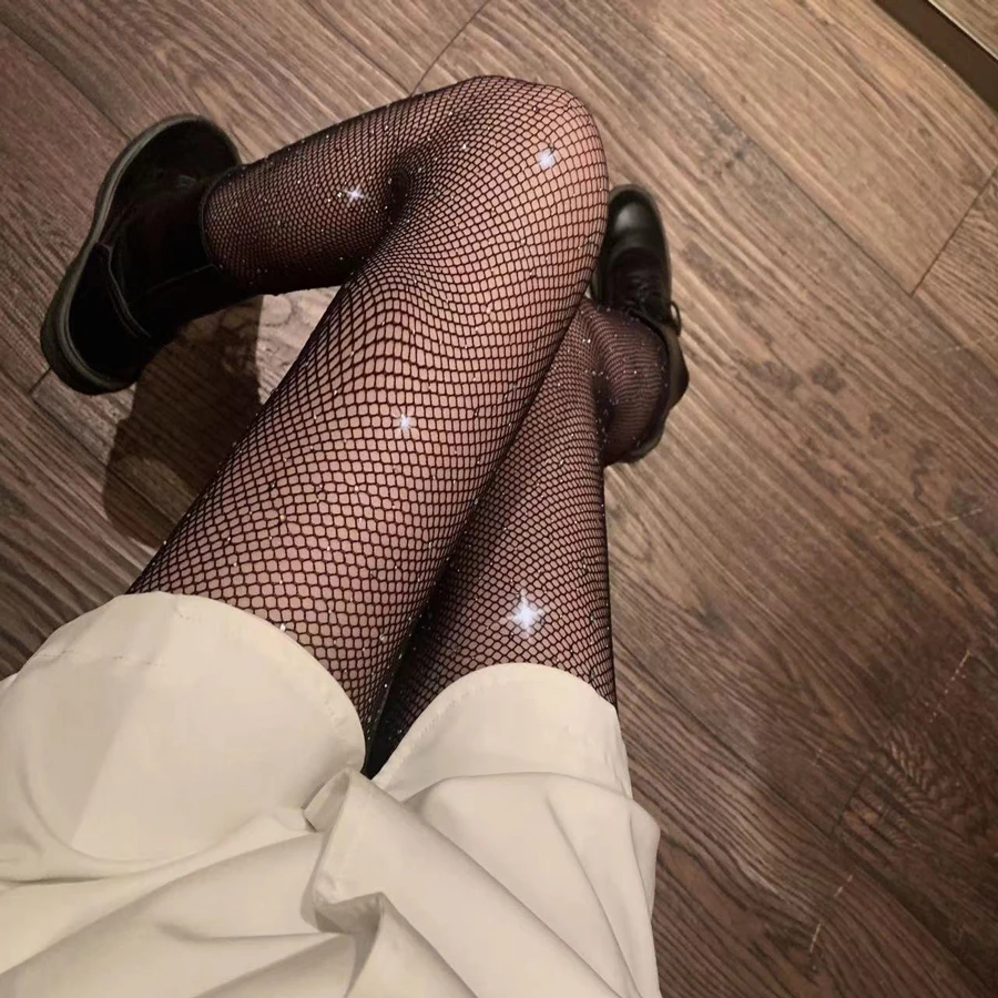 1 Pair Rhinestone Fishnet Stockings For Women Black Sexy Ultra Sparkly High Waist Tights Female Party Leggings