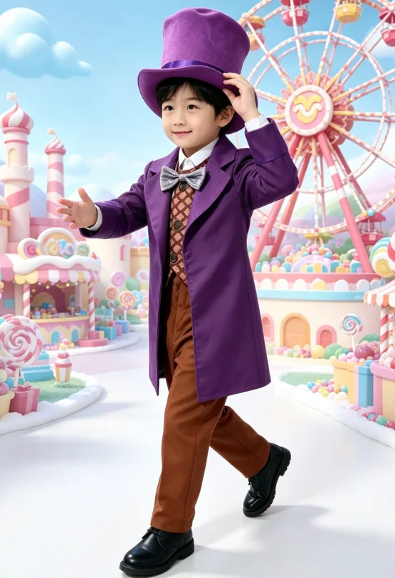 Traje de abrigo largo morado vintage para niños con chaleco, pantalones, sombrero y corbata de lazo para actuaciones temáticas de niños.