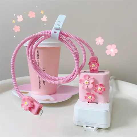 3D Pink Flower Cable Charger Protector Cover For Iphone 11 15 14 13 Pro Max 18W 20W Charger 2024 New Data Line Protective Sleeve