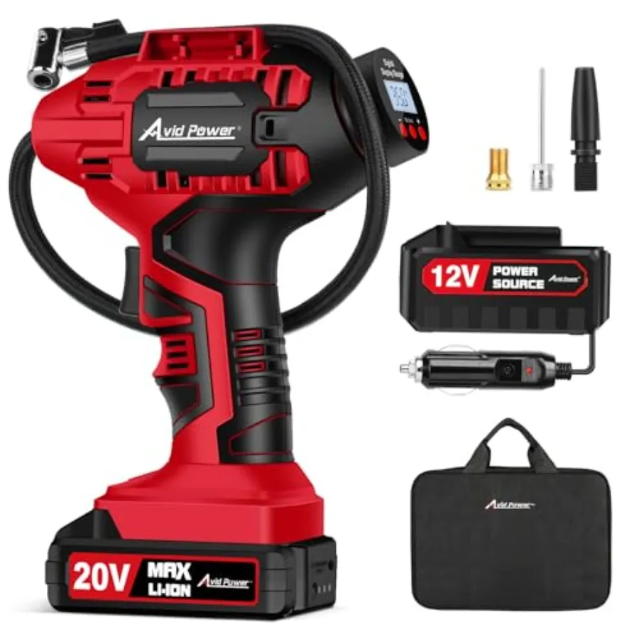 

Tire Inflator Portable Air Compressor 20V Cordless Car Tire Pump Rechargeable Battery Powered Air Compressor w/12V DC Adapter D