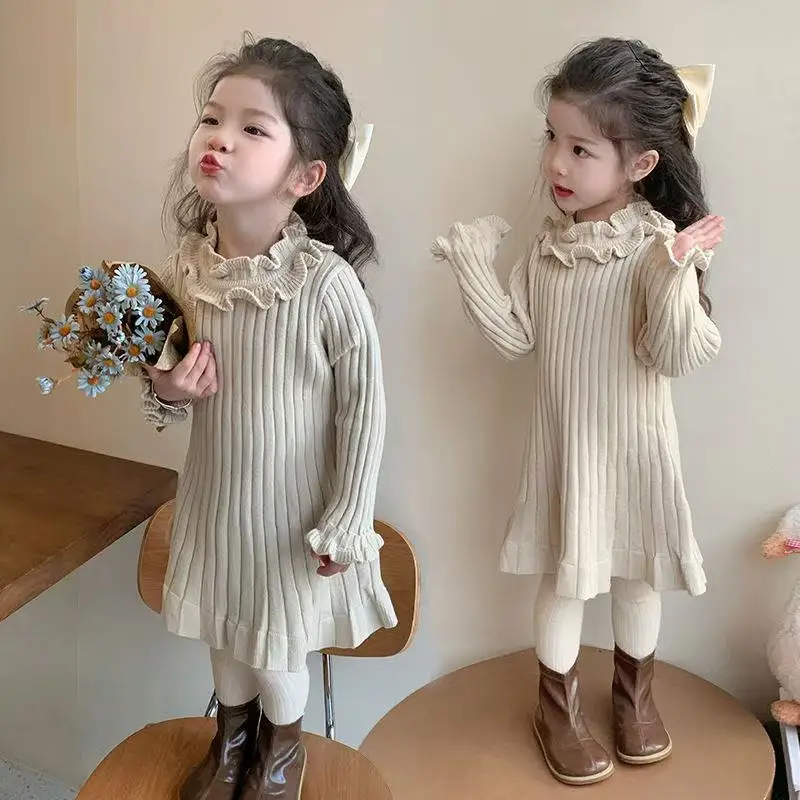 

Girls' Dress Children's New Sweet Inner Lace Collar Knitted Woolen Dress Autumn Winter Baby Princess Dress Solid Color 90-140CM