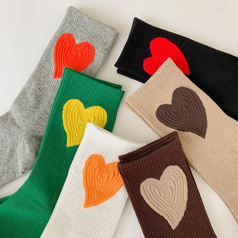 5 Pairs - Color-Blocked Heart-Patterned Knit Mid-Calf Socks, Available in Multiple Colors, High Elasticity, Non-Binding on the Feet, Versatile Essential for Trendy Men and Women, Holiday Gift