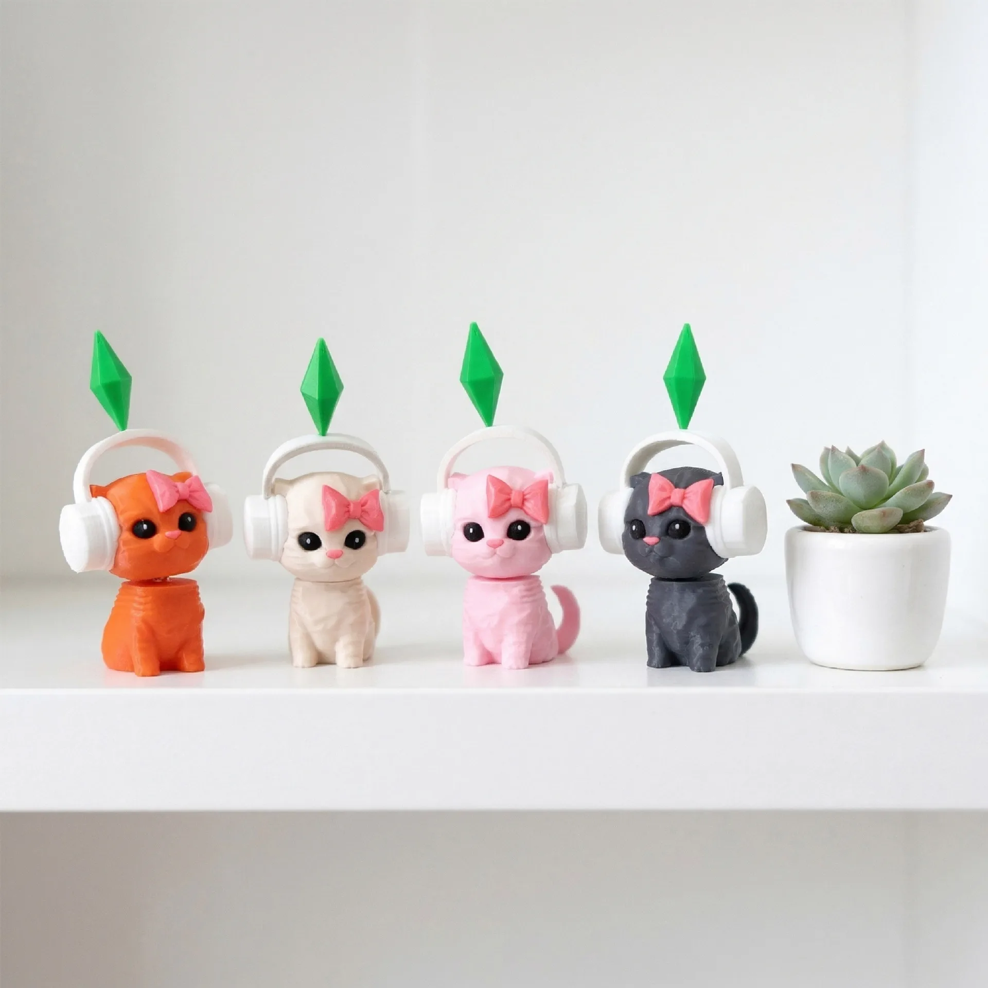 

3D Printed Cat Figurine with Headphones & Plumbob Decor-Cute Geometric Kitten Statue,Home Desk Decor,Kawaii Room Accents Gift