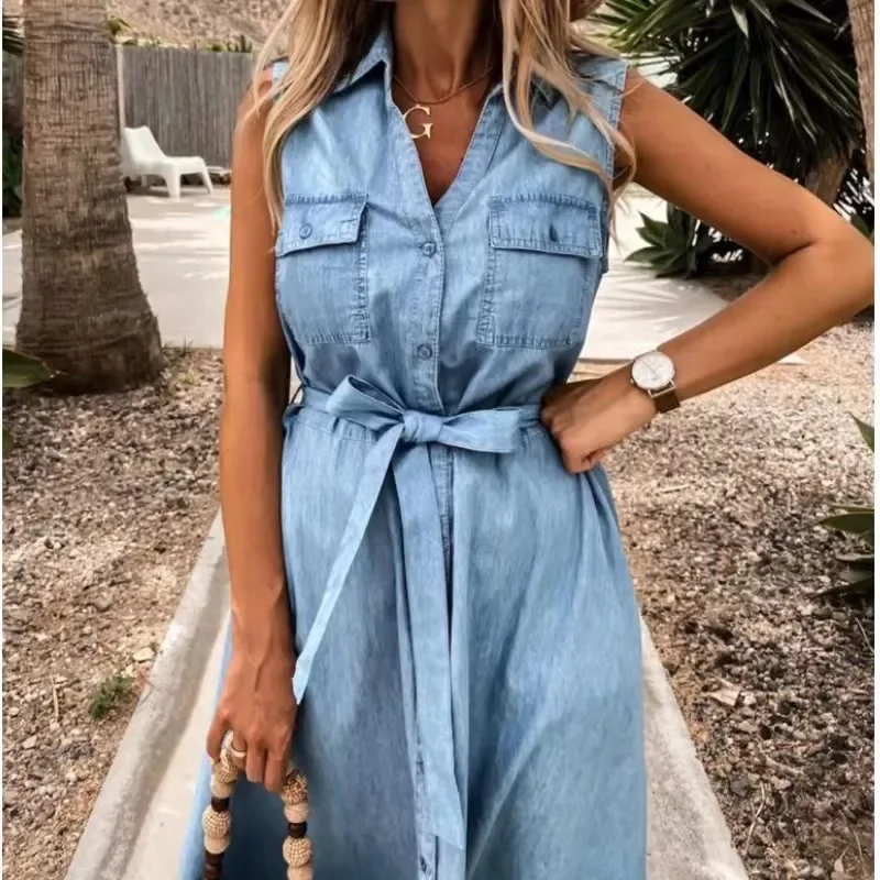 2023 Summer Denim Dress Women Turn Down Collar senza maniche Casual allentato monopetto camicia Dress