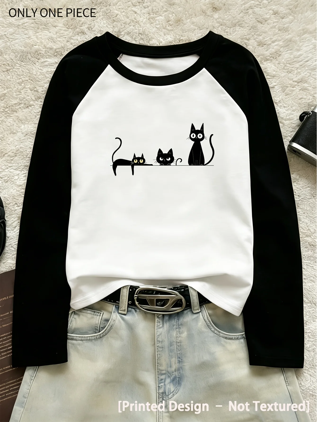 Y2K Women's Raglan Long Sleeve T-Shirt Bored Cat Pattern Print Round Neck Tops Fashion Vintage Style T Shirt Clothes Female 90s