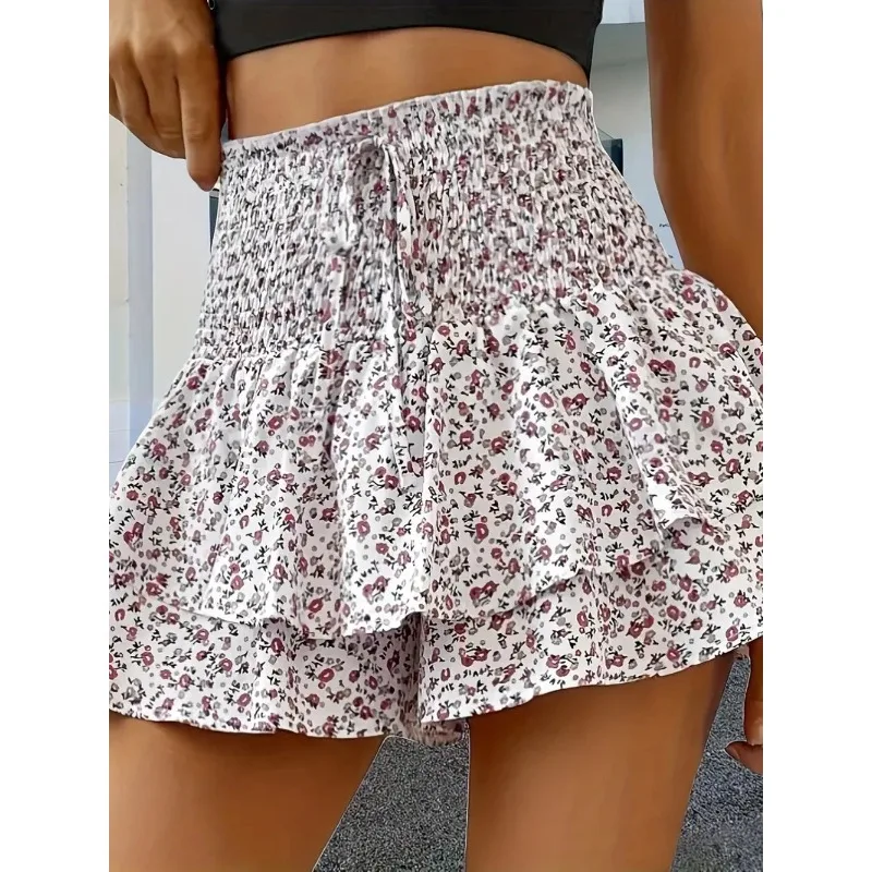 Spring and summer small floral print elastic waist elegant layered hem shorts fashion casual high waist shorts