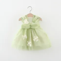 Summer girls strap dress baby girl sweet three-dimensional flower bow solid color strap princess dress