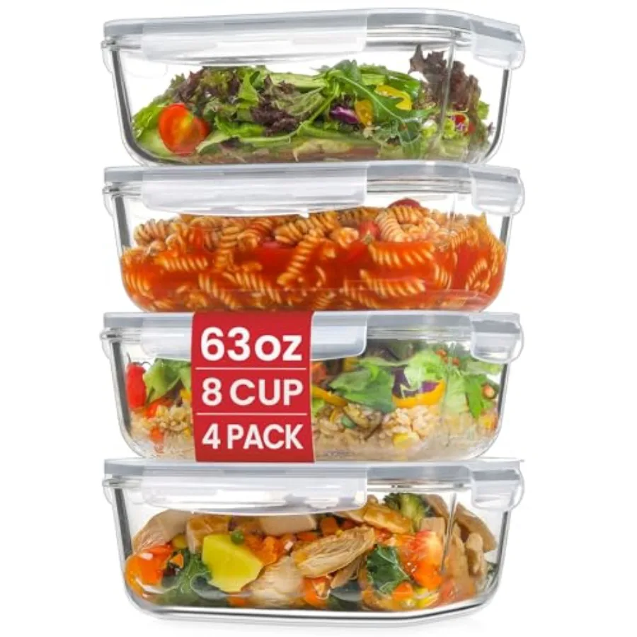 Paquete de 4 Recipientes de Vidrio Grandes de 8 Tazas/63 oz con Tapas, Recipientes para Preparación de Comidas, Recipientes de Vidrio para Almacenamiento de Alimentos con Tapa Hermética para Baki
