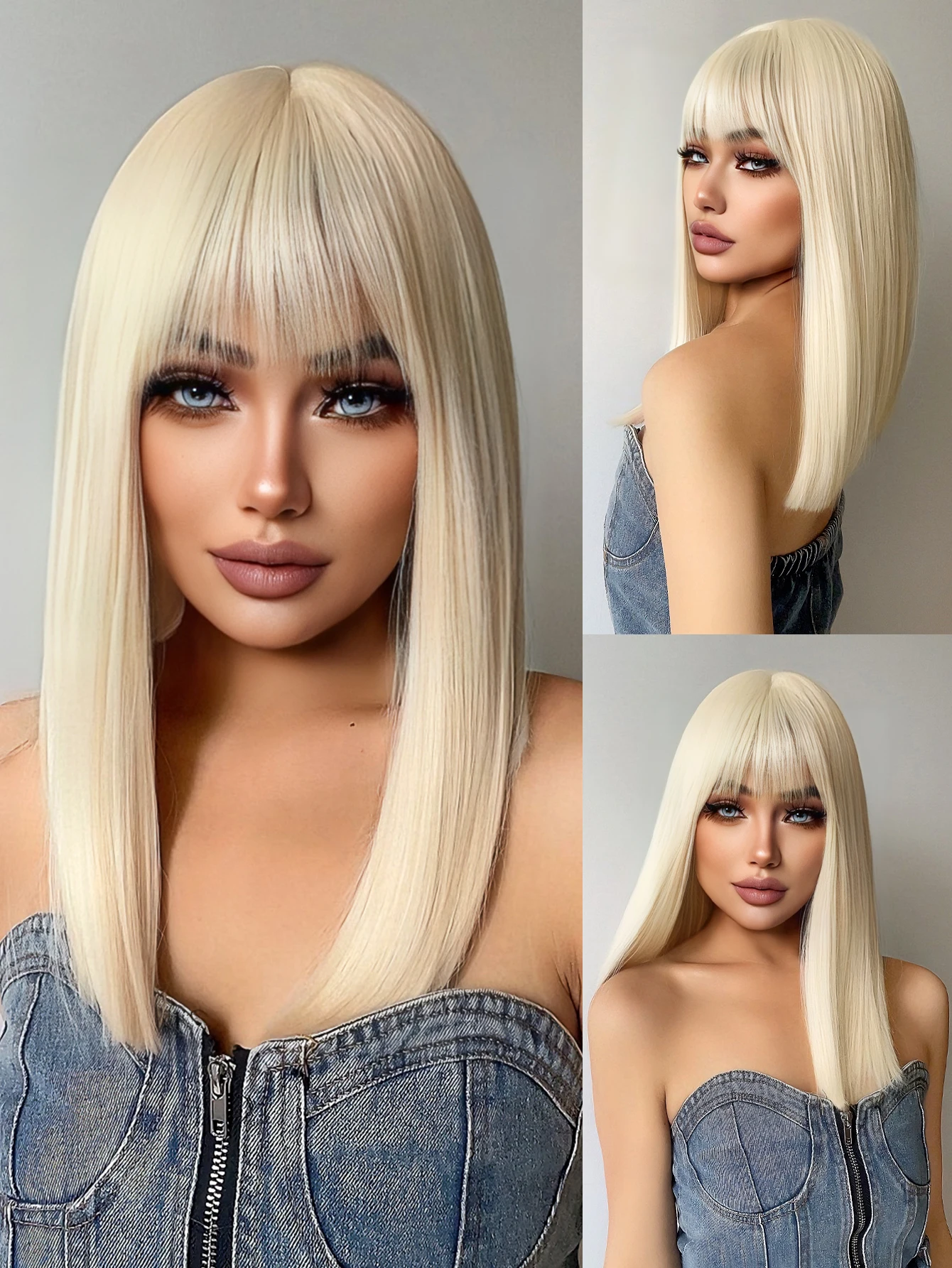 18 Zoll platinblonde synthetische Perücken mit Pony, lange natürliche glatte Haare, Perücke für Frauen, täglicher Gebrauch, Cosplay, Party, hitzebeständig