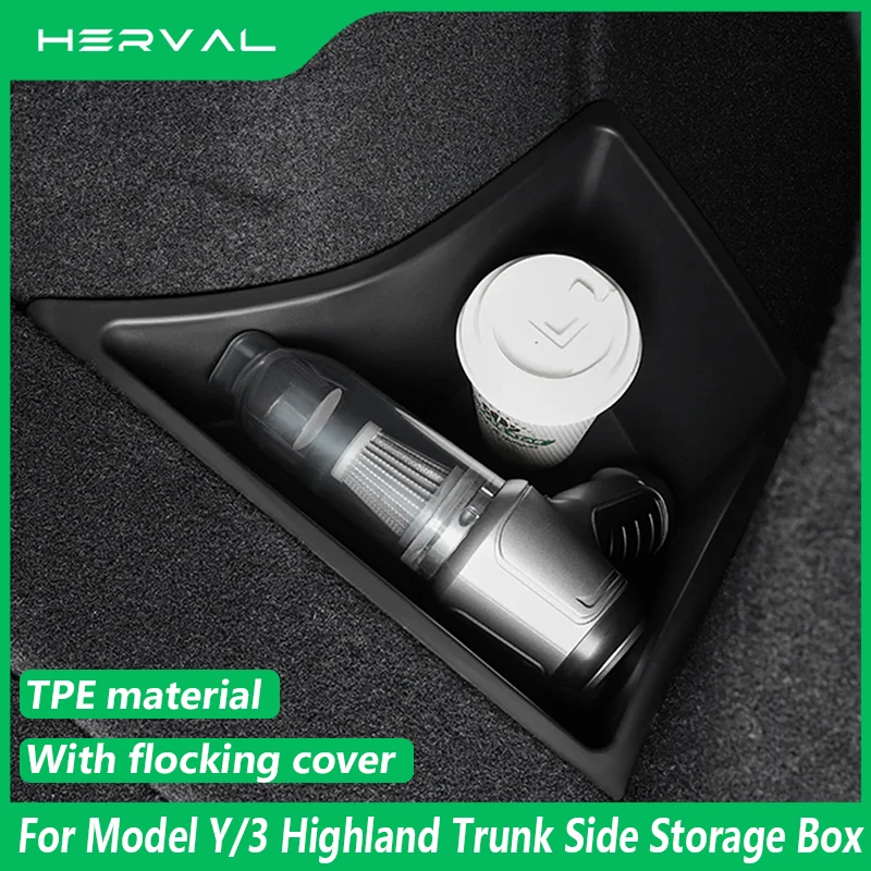 Herval For Tesla Model Y/3 Highland Trunk Side Storage Box with Flocking Cover Tail Boot Organizer Partition Storage accessories