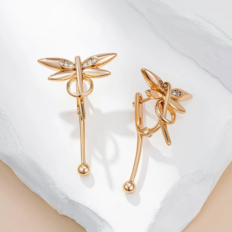 Wbmqda New Glossy Dragonfly Dangle Earrings For Women 585 Rose Gold Color Natural Zircon Setting Simple Trendy Jewelry Gifts