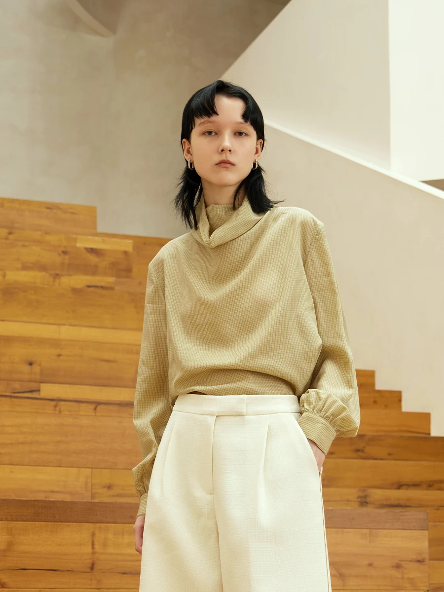 

MeeMeeLab Original Gentleman Ele Collar Long Sve Loose Silk Tartan Cool Feeling irt Summer Women's Busin Casual S...