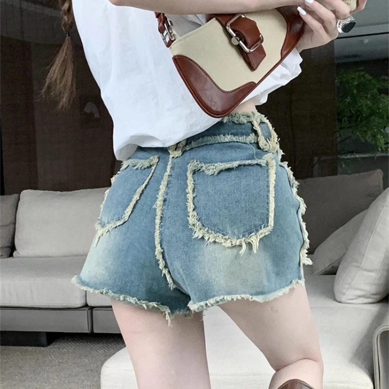 شورت Spice Girl عالي الخصر من قماش الدنيم بتصميم صيفي 2025 يشعر بالسراويل النسائية الساخنة الخام #2