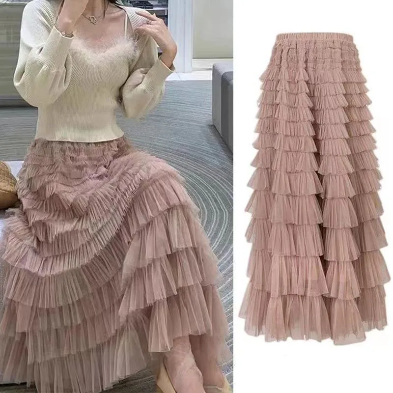 

Women Skirts Elegant Layered Ruffles Cake Tulle Skirts Autumn Spring High Waist Long Maxi Skirts For Women Korean Winter Clothes