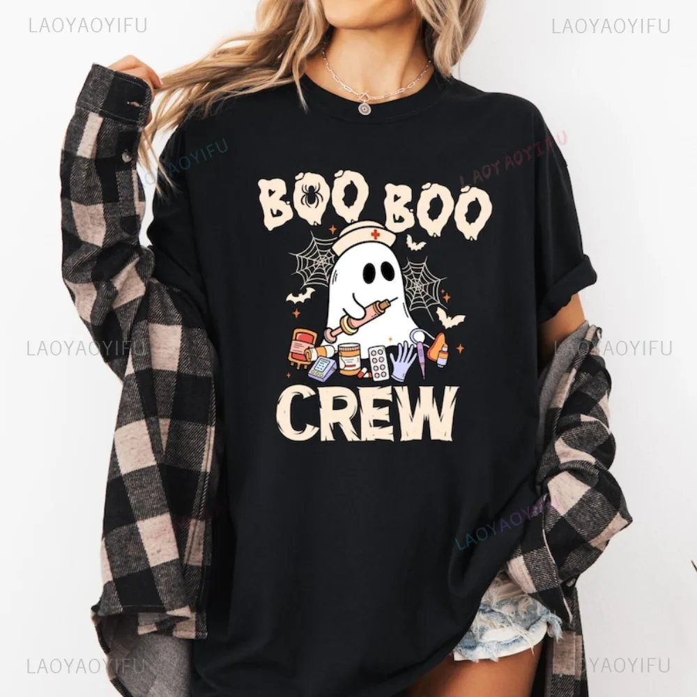 Boo Boo Crew Tee Halloween Nurse T Shirt The Horror Season Ghost Graphic Cartoon T-shirt Short Sleeve Loose Women Tshirt