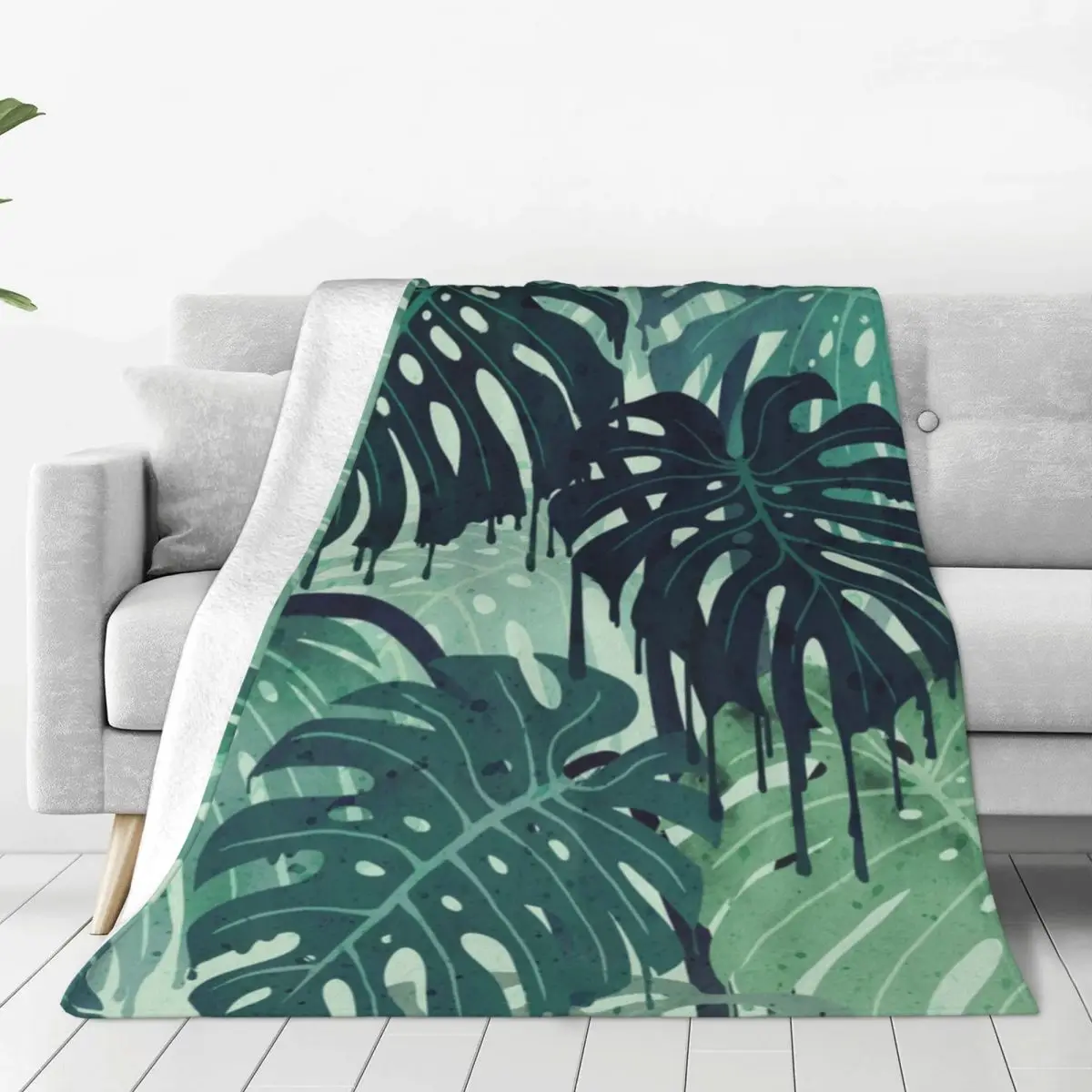 

Monstera Melt In Green Blanket Tropical Jungle Leaves Flannel Vintage Breathable Throw Blanket for Home Spring Autumn