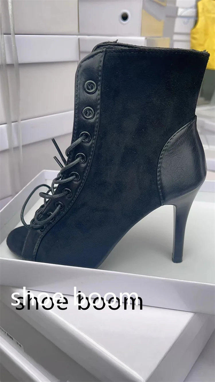 Sandalias con cordones, tacones de 9CM, zapatos de mujer, tendencia de verano 20224, botas sexis negras con punta abierta, tacones de aguja de tela a la moda, baile de Jazz para mujer