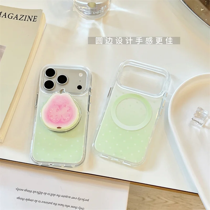 

For Apple iPhone17 16 15 Pro Max For MagSafe Clear Case Cute Guava Fruit Grip Stand Green Polka Dot Shockproof Soft Cover TPU
