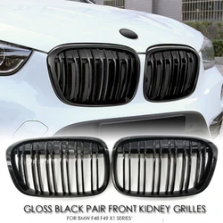 Double Line Car Front Bumper Kidney Grill Grilles For BMW X1 F48 F49 2016 2017 2018 2019 2020 M Style Racing Grille Glossy Black