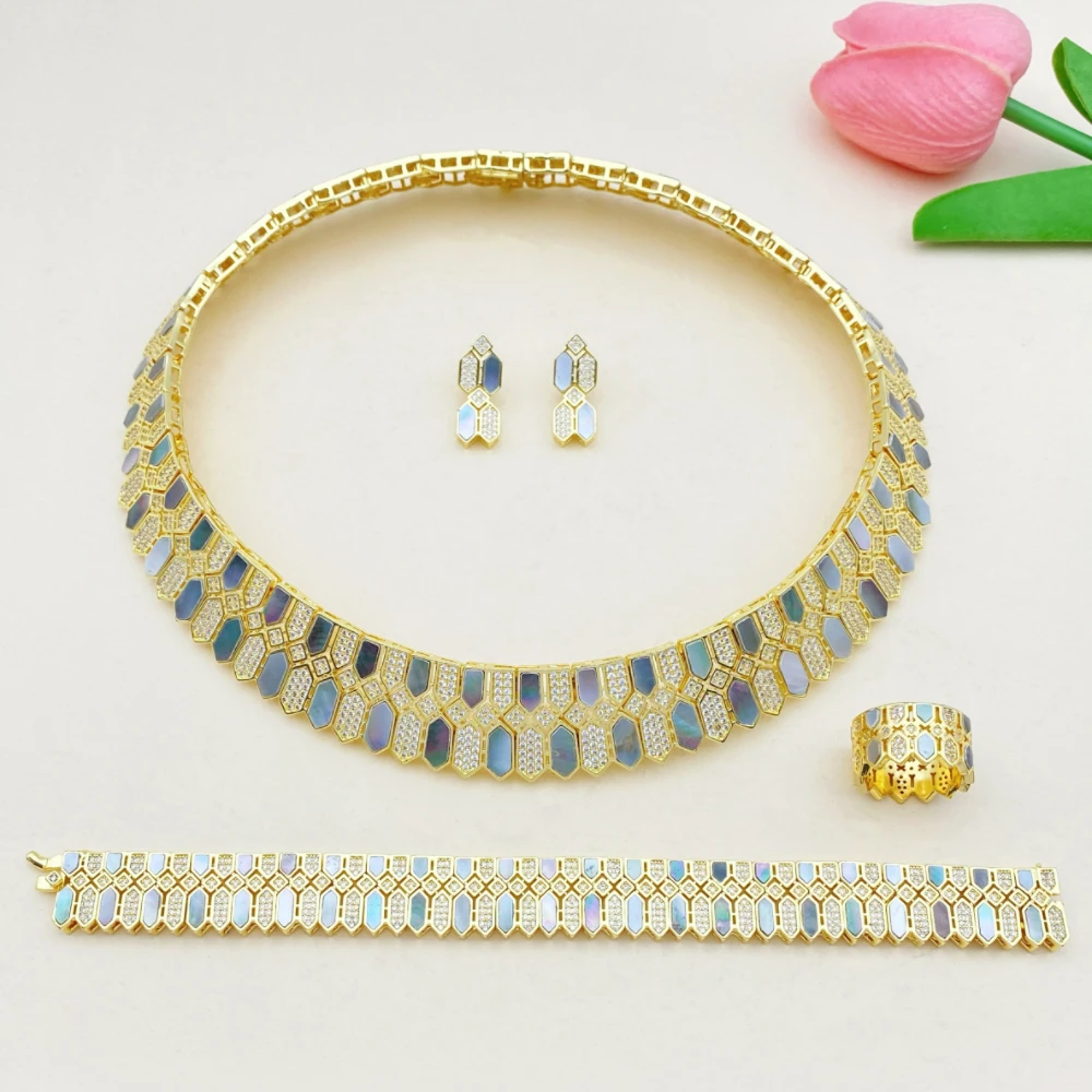 

Роскошный комплект ювелирных изделий из латуни Flora высокого класса с искусственной ракушкой и цирконом, женский браслет и ожерелье в Дубае для банкета