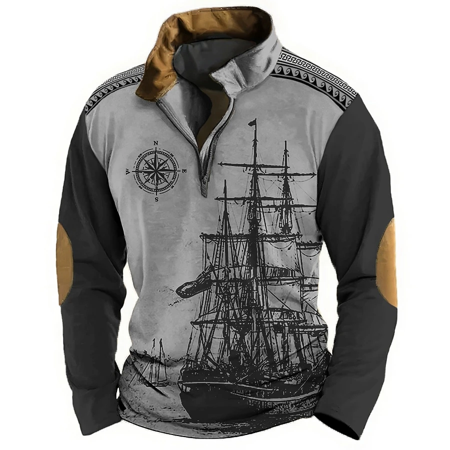 Autumn and Winter Men's Half Zipper Long Sleeve Sportswear Retro Fashion Sailing Adventure 3D Printed Half High Collar Men's Top