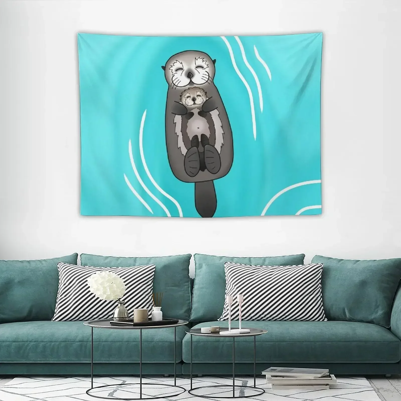 

Mother and Pup Sea Otters - Mom Holding Baby Otter Tapestry Wallpaper Korean Room Decor Wall Deco Tapestry