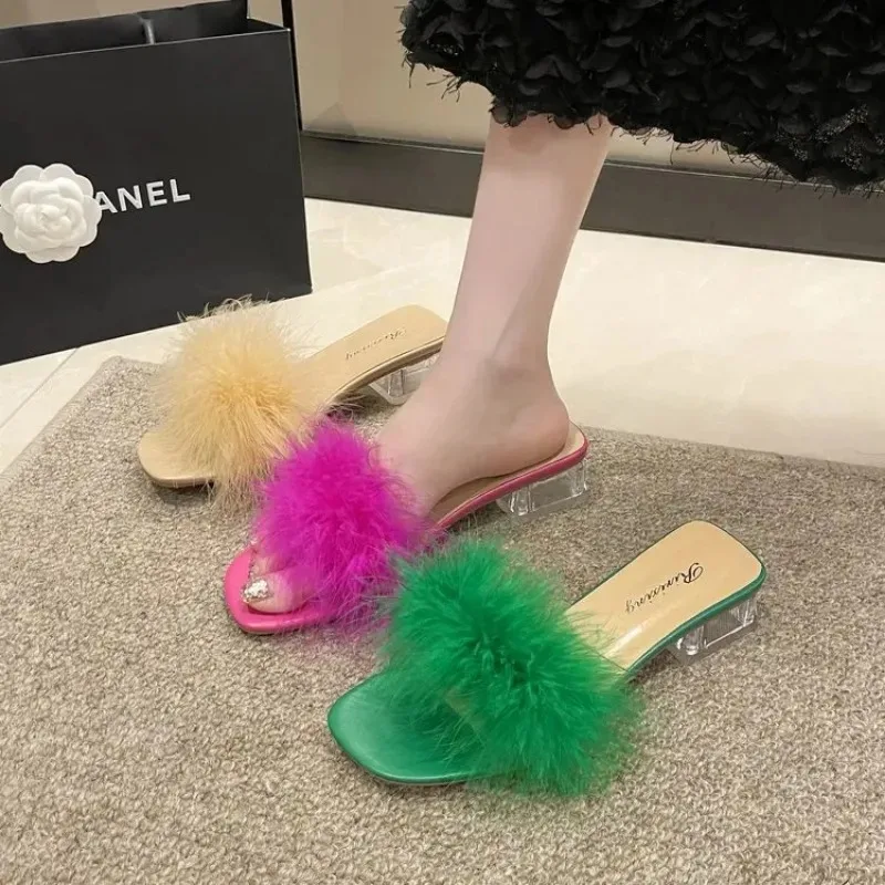 2024 New Summer Shallow Mouth Square Toe Leaky Toe Square Root Slippers Outdoor Sexy Elegant Fashion Solid Color Women's Sandals