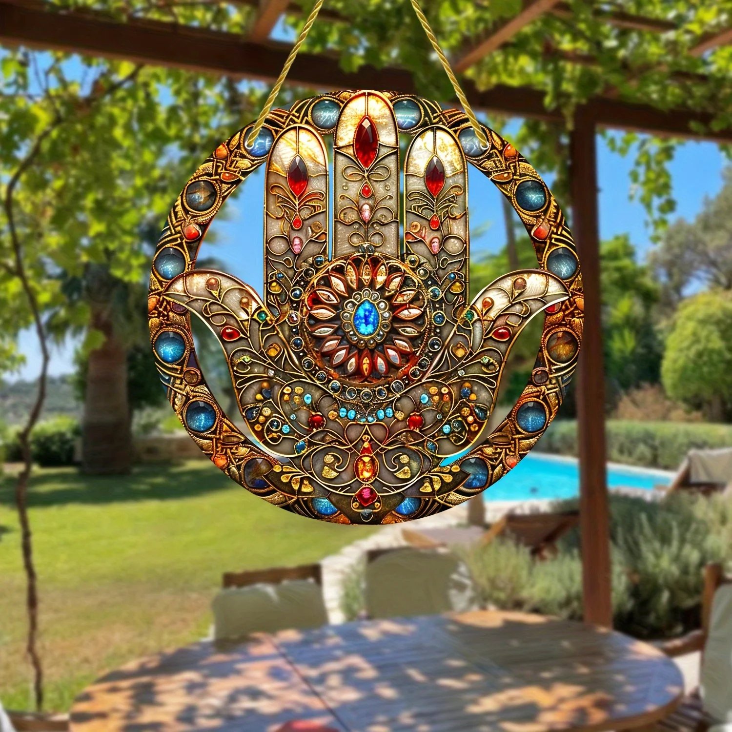 Ręka Fatimy Suncatcher-Boho akrylowa dekoracja wisząca na ścianę, religijna motyw Hamsa ręcznie tablica, ogród, ganek, sztuka ścienna do salonu