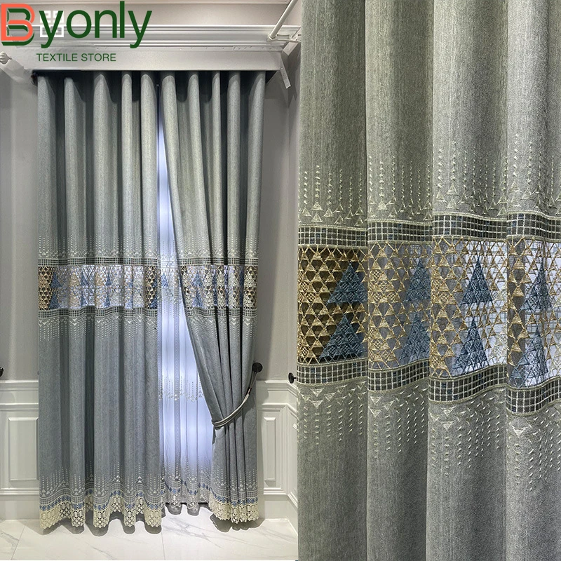 

Customized Water-soluble Embroidered Window Screen Gray Hollowed Out Chenille Thickened Curtains for Living Room Bedroom French