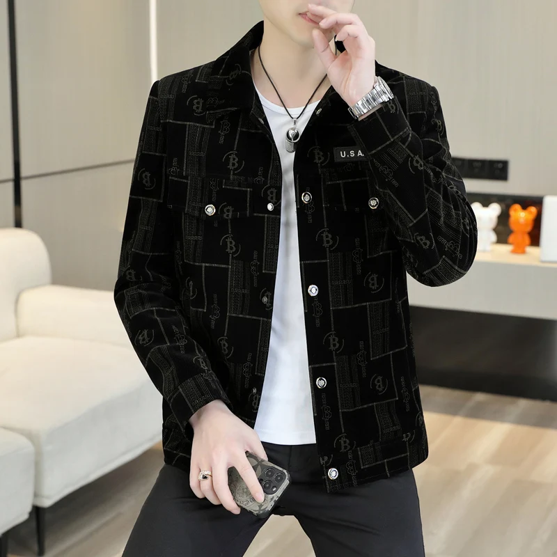 

Spring Autumn Plaid Jaet Men's Korean Sle Faion Slim Fit ort Woolen Coat Youthful ulari Geometric Pattern Turn-d...