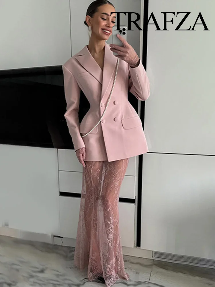 

TRAFZA Female Casual Suit Solid Turn-Down Collar Pockets Double-Breasted Blazers Coats+High Waist Zipper Long Skirt Women Sets