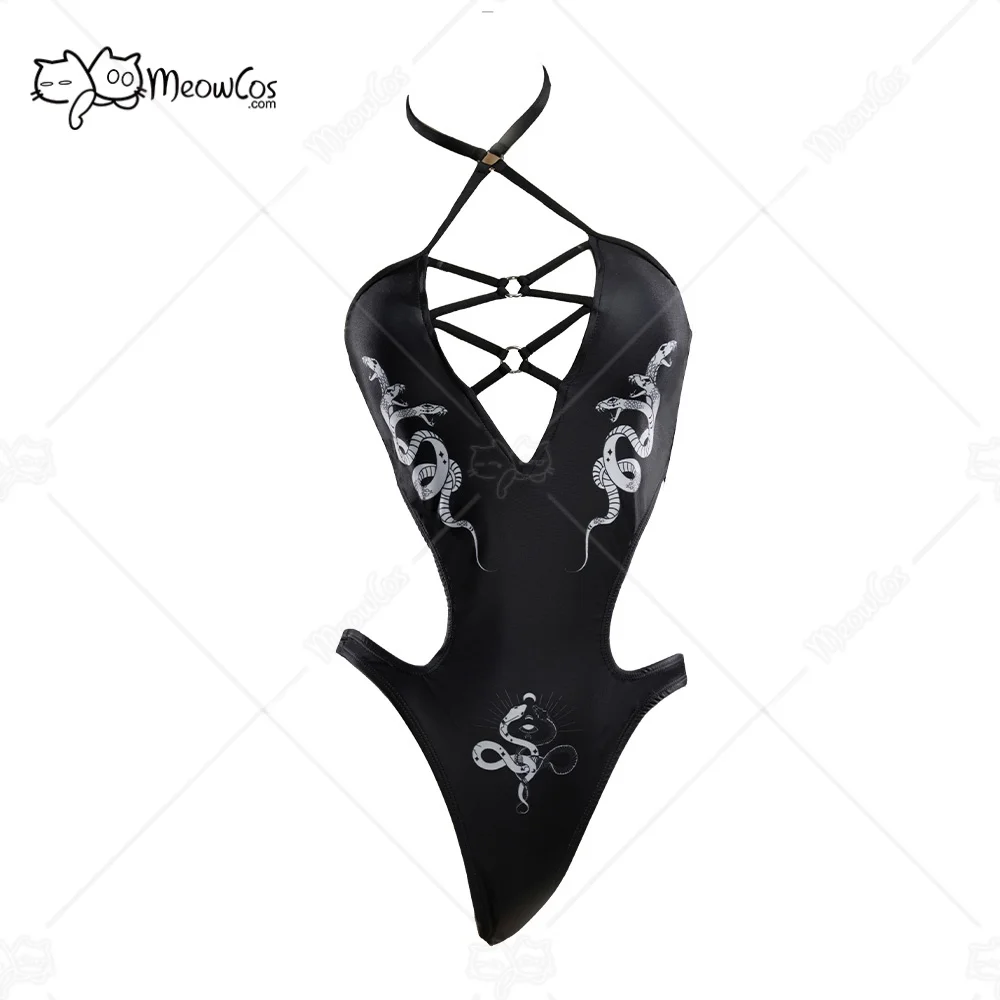 

MEOWCOS Women Gothic Black Snake Print One Piece Swimsuit Cross Cutout Bathing Suit