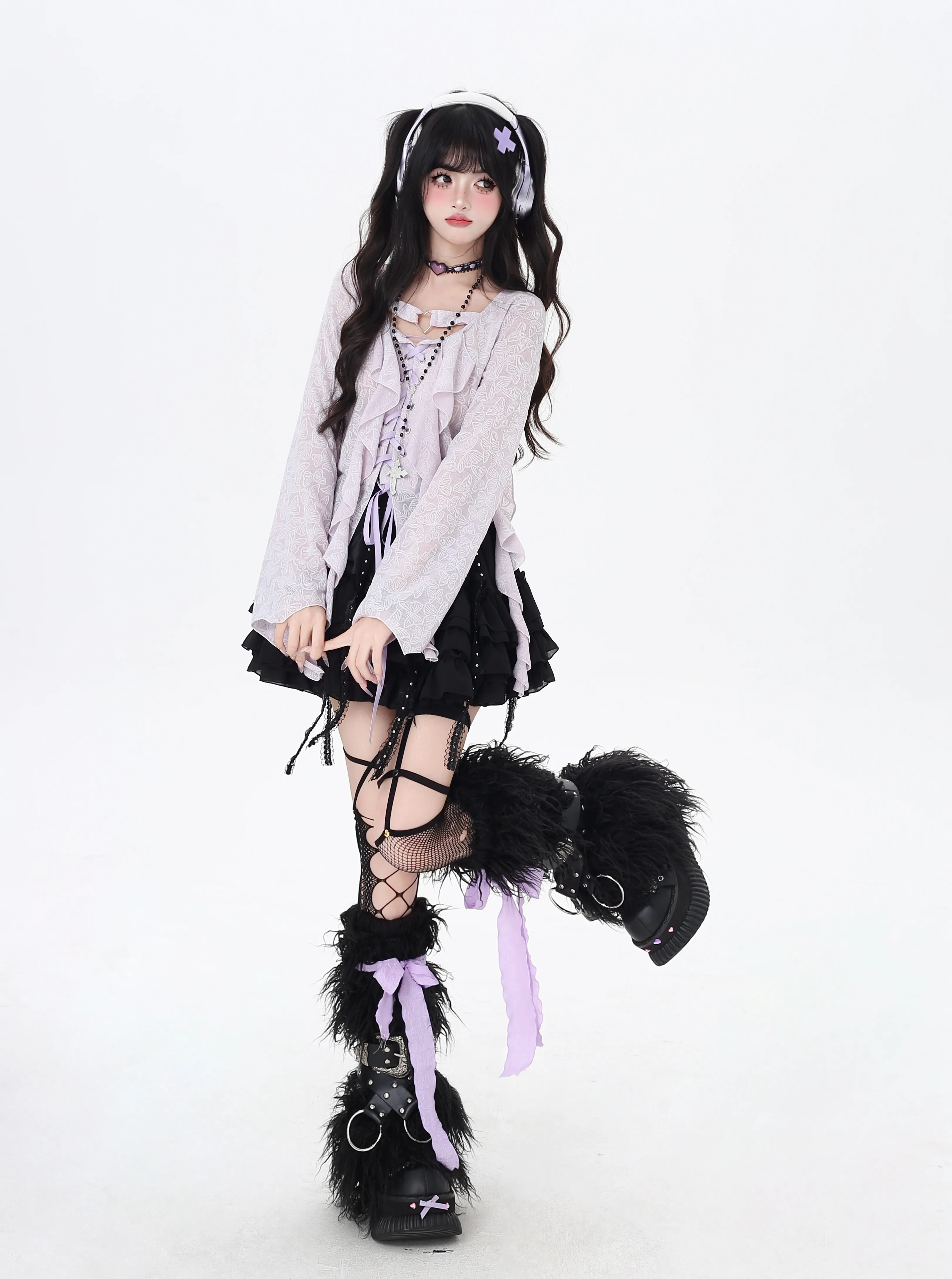 Summer New Sweet Vacation Lace-up Ribbon Chiffon Flare Sleeve Irregular Top Women's Pink Long Sleeve Age-reducing Versatile Tops
