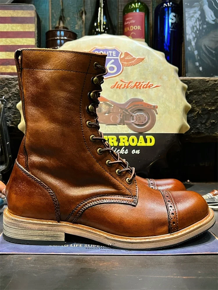 American Vintage Leather Tooling Cycling Boots Men's Big Head Layer Cowhide Long Motorcycle Shoes