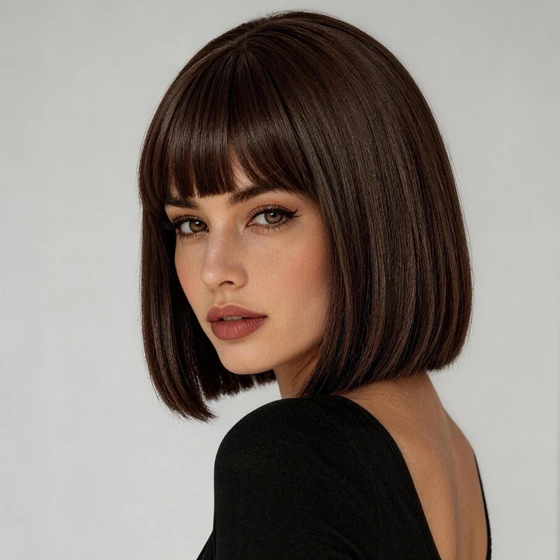 Women's everyday synthetic wig, 12 inches, dark brown, with smooth and neat bangs, casual style, suitable for weekend outings.