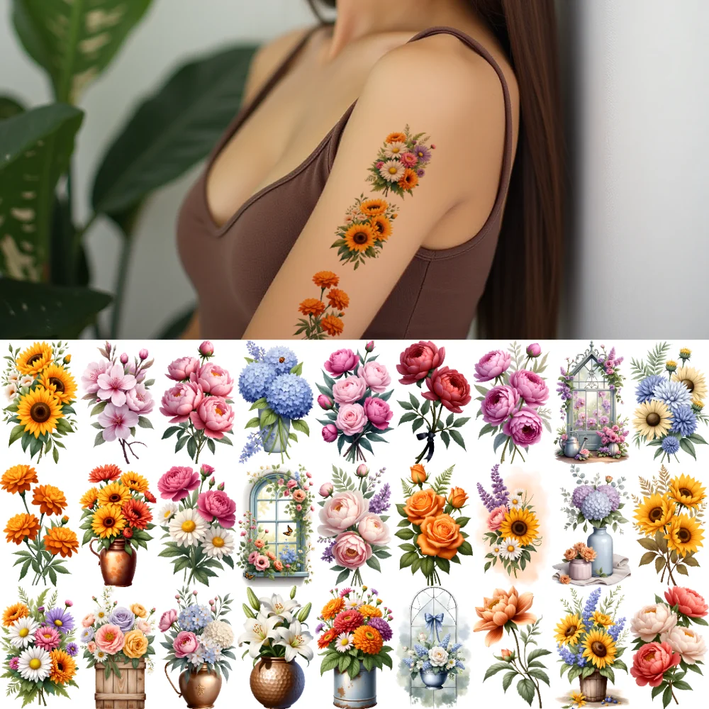 

63pcs Temporary Tattoo Vintage Bouquets Illustration Flower Arrangements Temporary Tattoo Stickers For Arms Women Adults
