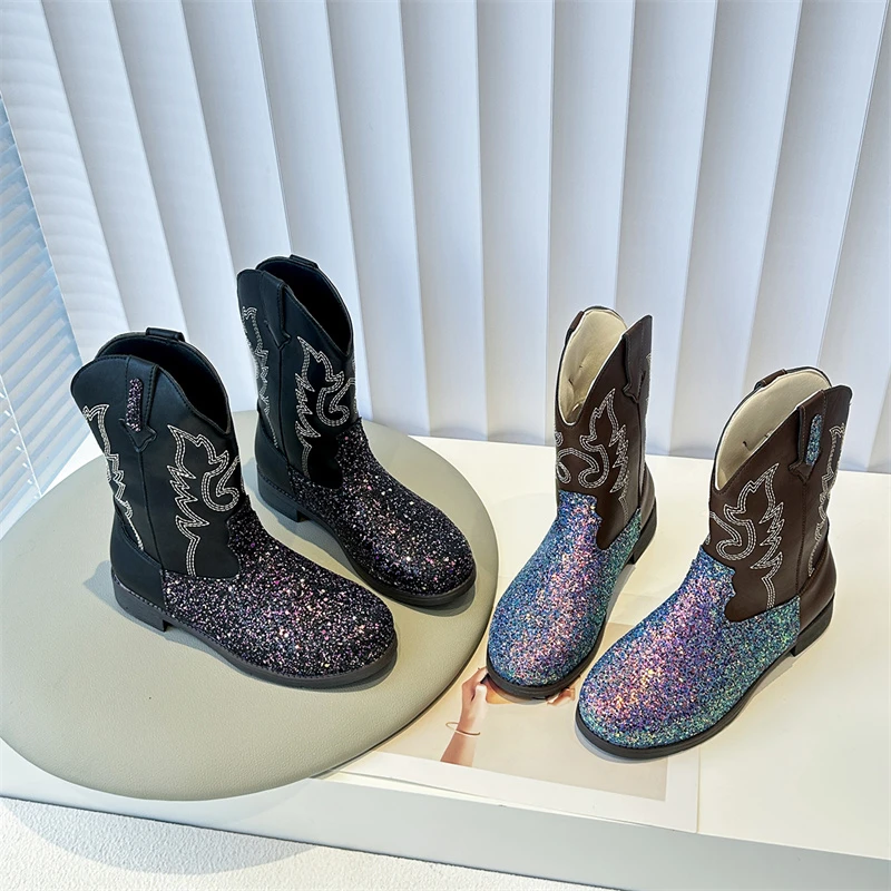 

Новые сапоги до середины икры для девочек, весенне-осенние детские модные кожаные сапоги принцессы с блестками, детские повседневные подиумные сапоги для свадебной вечеринки