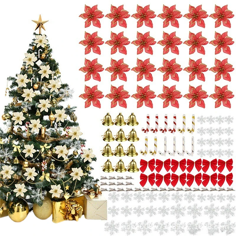 Christmas Tree Flower Decoration Set 120Pcs Poinsettia Bell Bow Candy Cane Snowflake Glitter Ornament for DIY Holiday