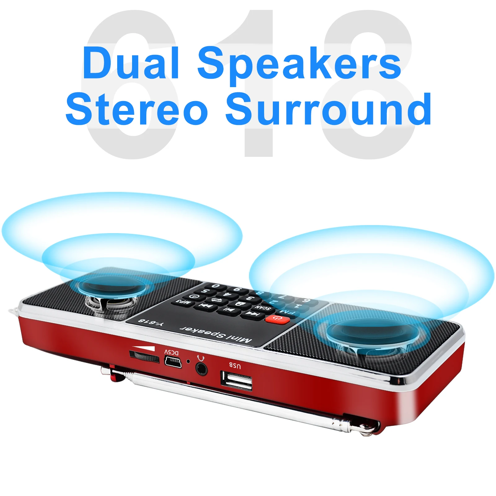 Home Outdoor FM Digital Radio MP3 Dual Speaker Stereo Surround Audio Player Support TF Card Timing Shutdown Function