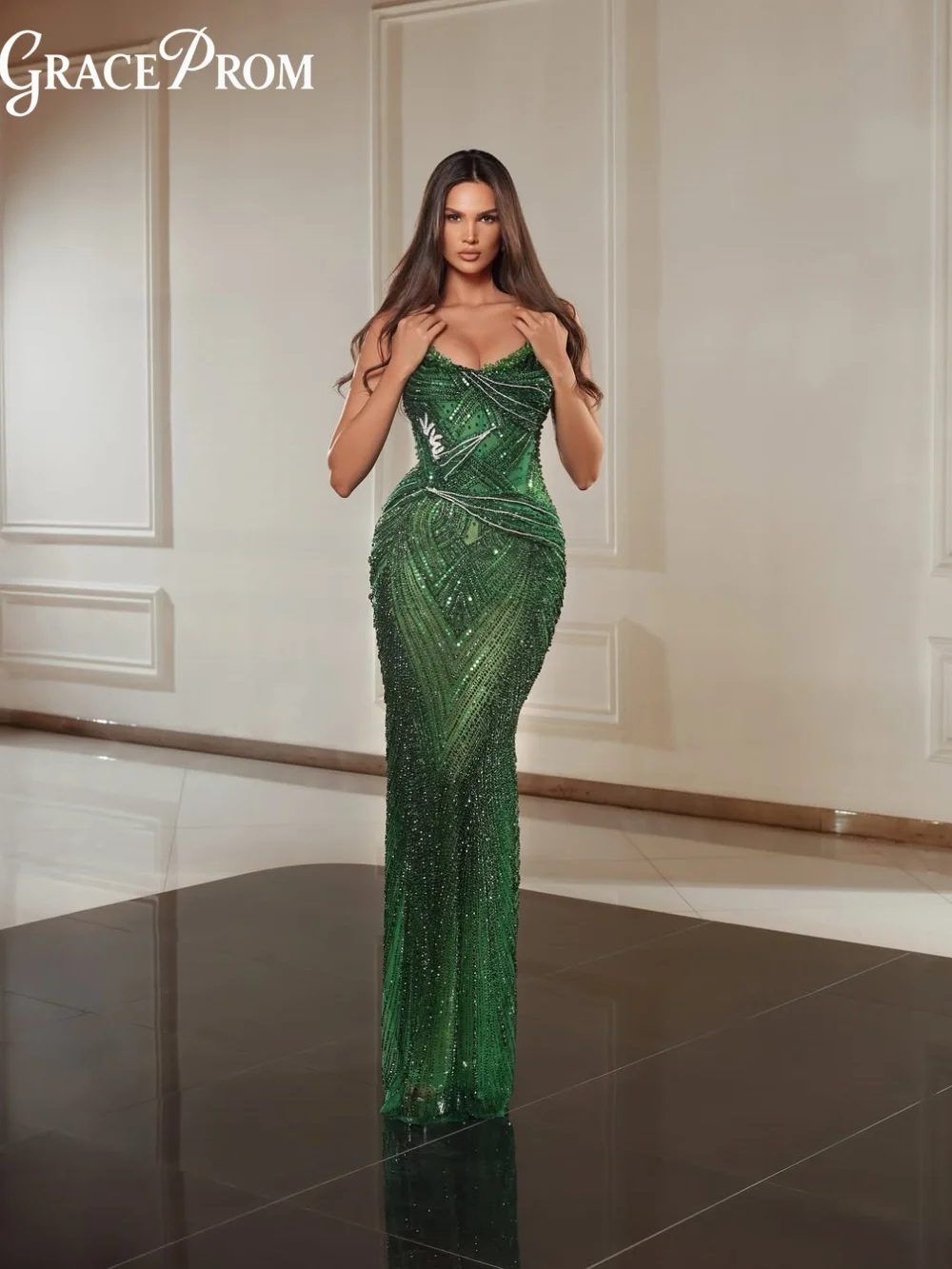 

Luxury Green Strapless Prom Dress Mermaid Sequin Beaded Evening Gown Crystal Sparkling Formal Party Dress 2026 New Gown
