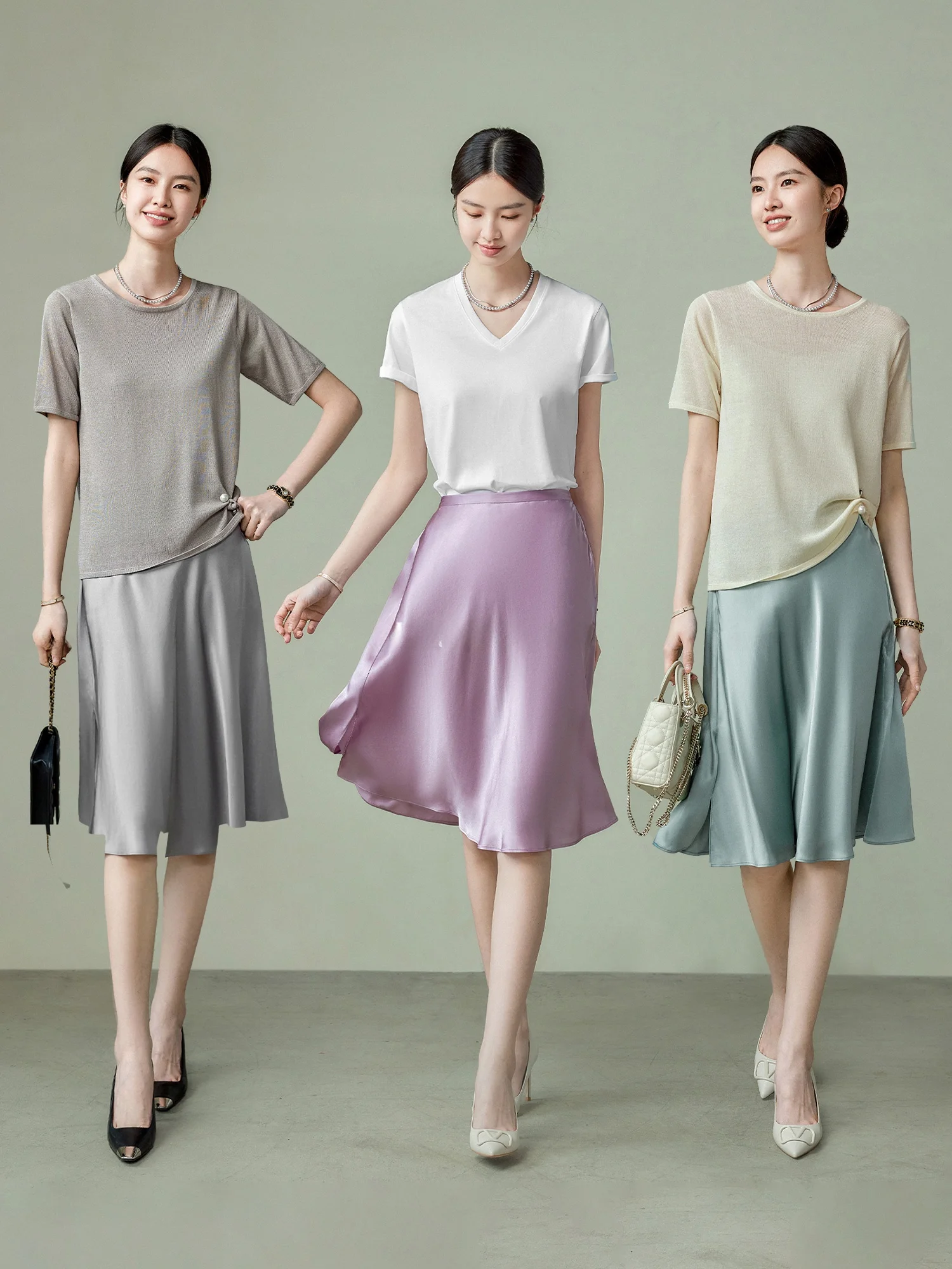 

Blancwing Luxury Silk Satin A-Line Skirt Spring Summer Lightweight Ele Drapey High Waist Umbrella Skirt for Women