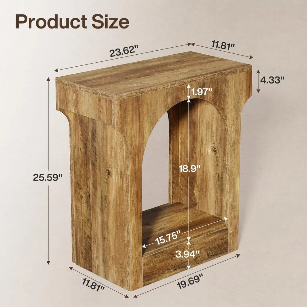 23.6 بوصة. طاولة نهاية خشبية مستطيلة قصيرة باللون البني الريفي مع مساحة تخزين، ومنضدة لغرفة النوم وغرفة المعيشة