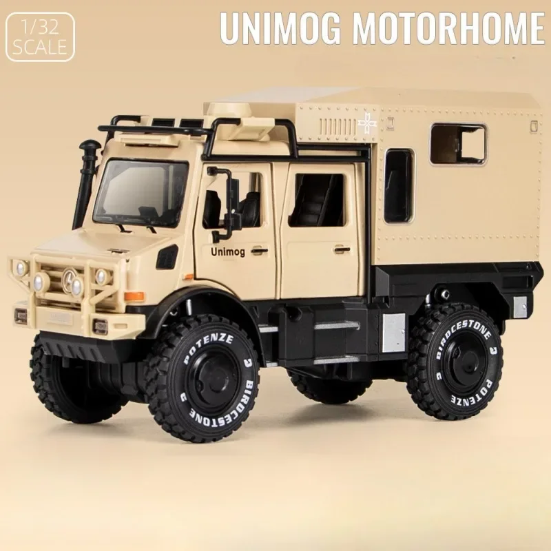 Diecast 1:28 scala Benz Unimog RV modello di auto fuoristrada veicoli giocattoli bambini ragazzi regalo suono e luce Voiture in miniatura