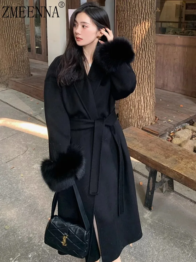 

ZMEENNA Women's Elegant Faux Fur Cuff Wool Blend Long Coat Winter Warm Belted Outerwear With Pockets Notch Lapel Black ZM3330