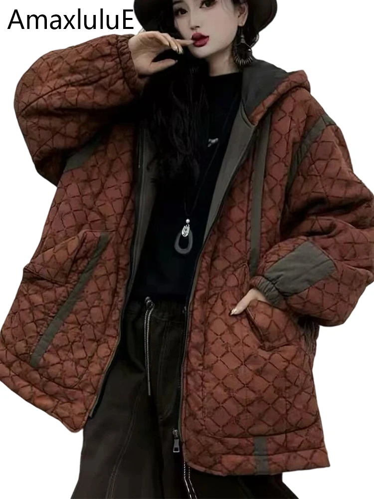 

Amax LuluE 2025 Winter Thicken Coats Womens Vintage Printed Loose Hooded Parkas Ladies Classic Punk Warm Fitness Padded Jackets