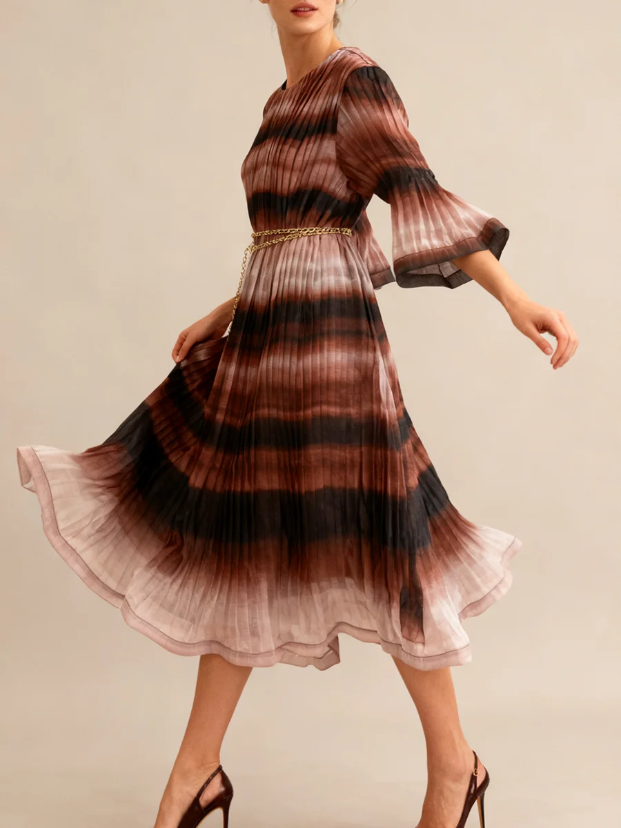 فساتين VGH متدرجة ذات ثنيات مع سلسلة معدنية للنساء برقبة دائرية وأكمام ثلاثة أرباع أنيقة عالية الجودة على شكل حرف A فستان نسائي #2