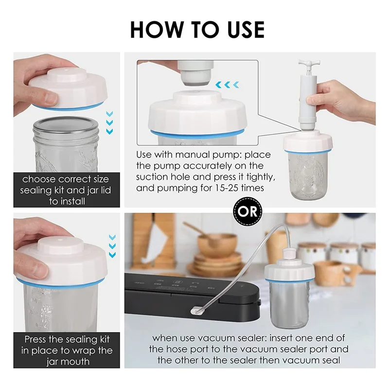 سدادة مكنسة الجرار، مجموعات إغلاق الفراغ للبرطمانات ذات الفم العادي والفم الواسع، سدادة التعليب مع مضخة تفريغ-LITE