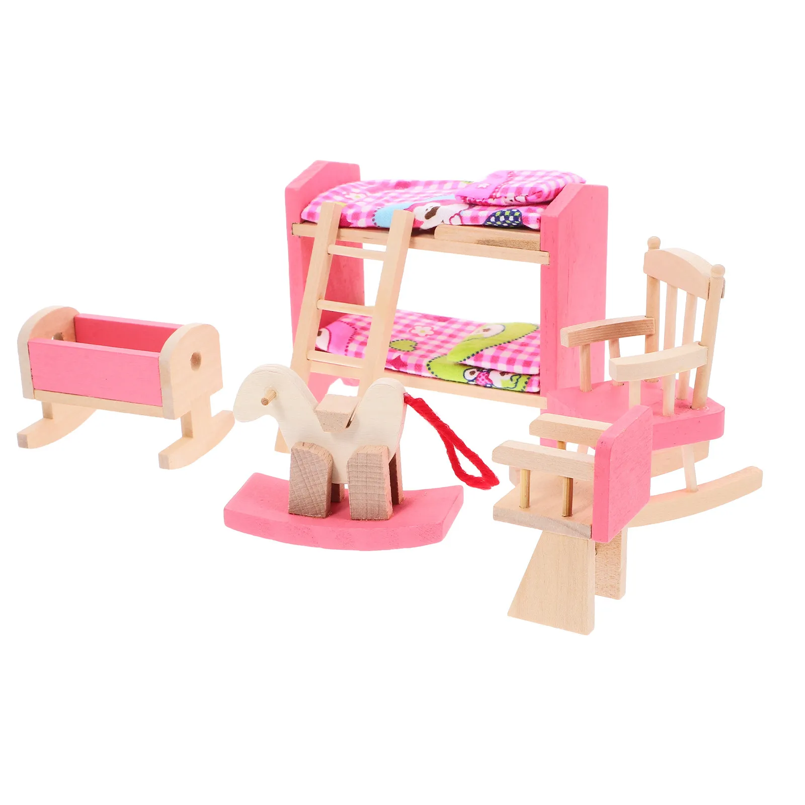 

Miniature Wooden Dollhouse Furniture Set Bunk Bed Rocking Horse High Chair Rocking Chair Cradle Bright Colors Sturdy